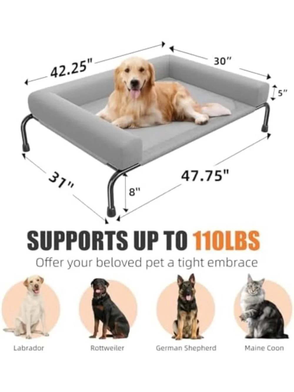 Elevated Grey Dog Bed for Large Dogs with Bolsters - Comfortable & Stylish